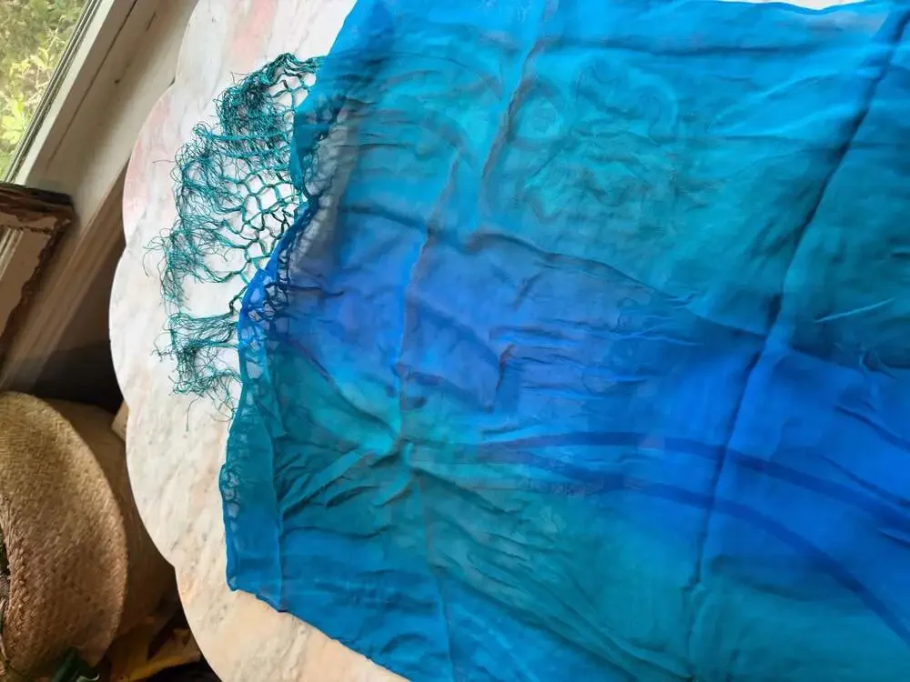 Blue Ombre 100% Silk Scarf with Crochet Fishnet Fringe
